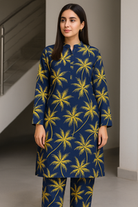 Linen Allover Digital Printed 2Pc Dress Free Size