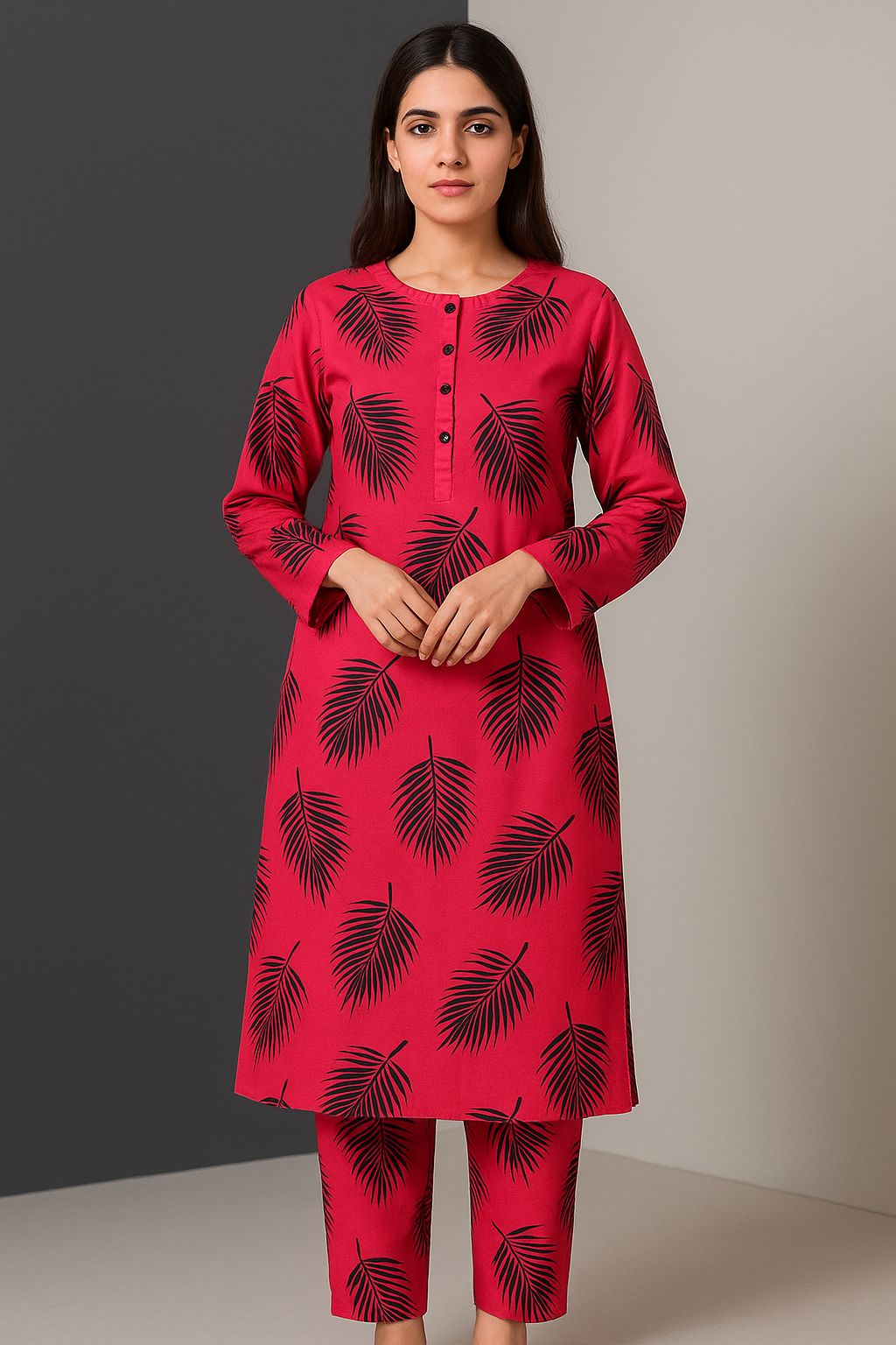 Linen Allover Digital Printed 2Pc Dress Free Size